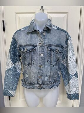BLANKNYC Floral Paisley Quilted Biker Western Distress Denim Jean Jacket Boho S